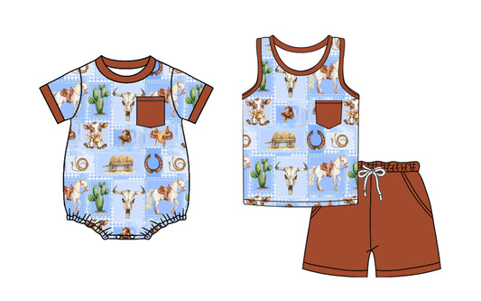Baby Boy Western Cow Cactus Pockets Sibling Romper Set ( Moq 5 Each Style ) 3.21