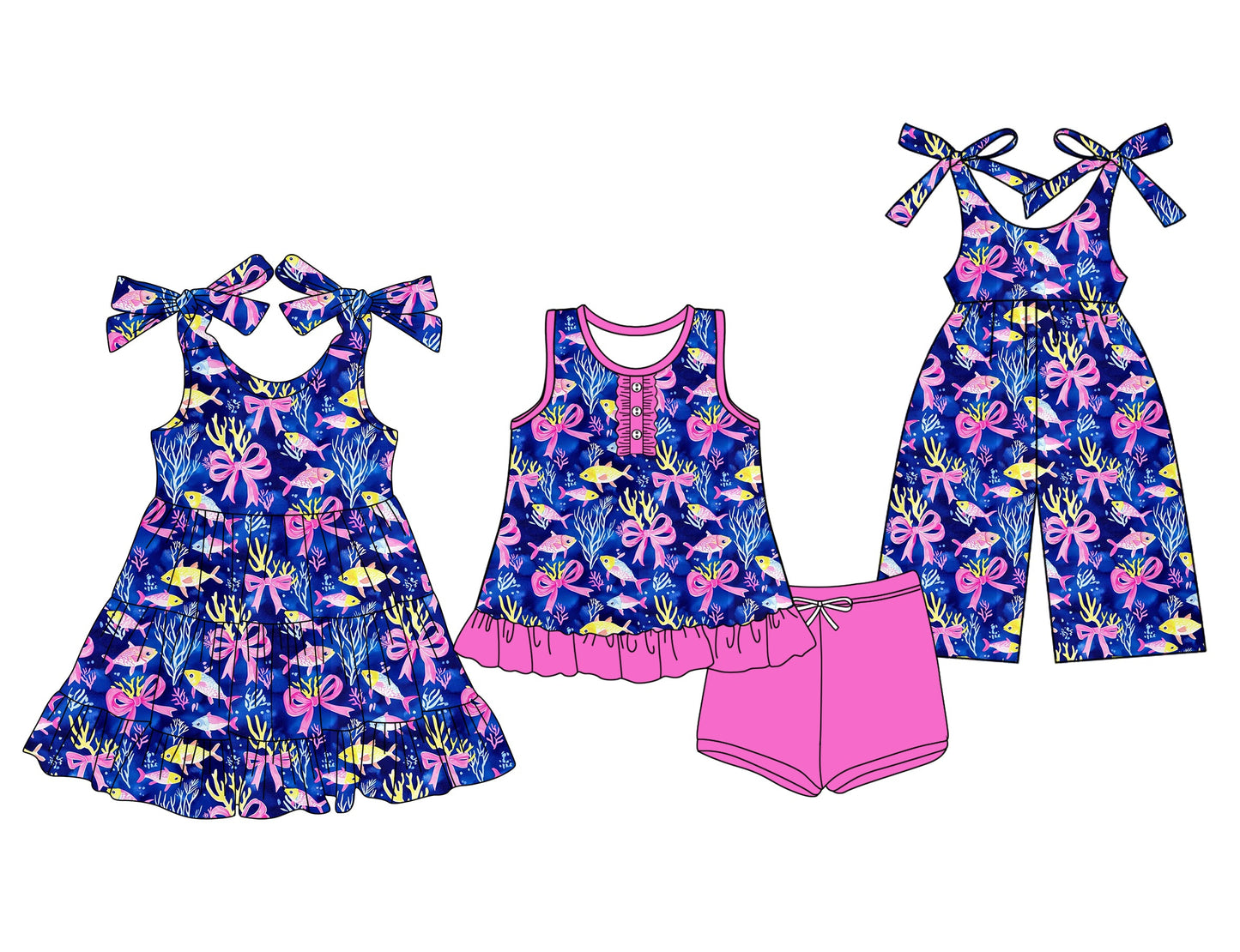 ( Moq 5 Each Style ) Baby Girl Fish Bows Sibling Jumpsuit Dress Set 3.25