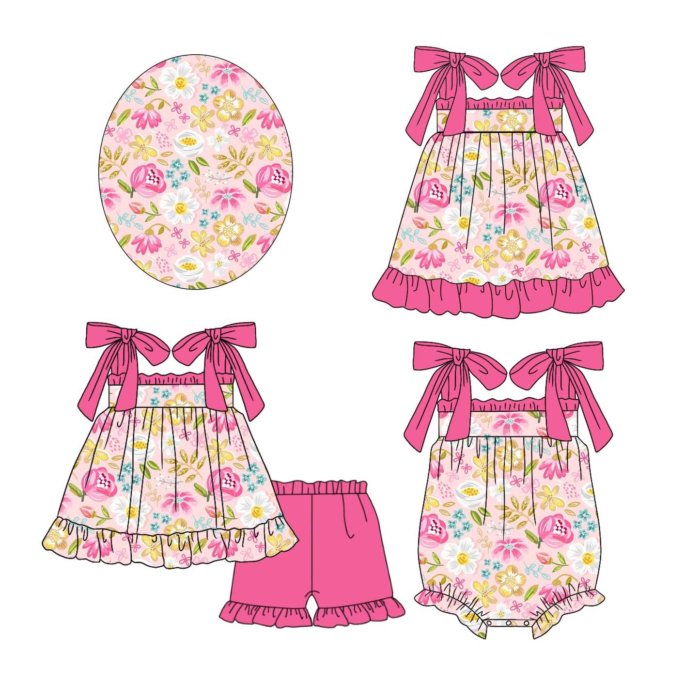 Baby Girl Pink Straps Flower Sibling Summer Romper Dress Clothes Set ( Moq 5 Each Design )11.25