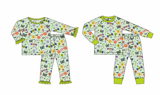 ( Moq 5 Each Style ) Baby Girl Boy Candy Halloween Sibling Green Pajamas Set