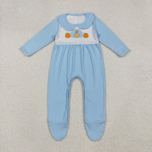 Baby Boy Blue Long Sleeves Embroidery turkey Pumpkins Thanksgiving Footies Romper RTS