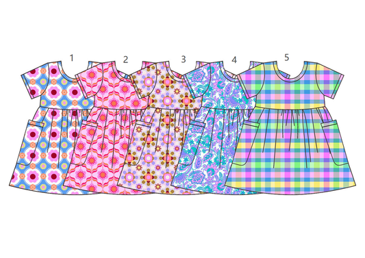 ( Moq 5 Each Style ) Sibling Baby Girls Kids Short Sleeves Flower Plaid Pockets Knee Length Dresses