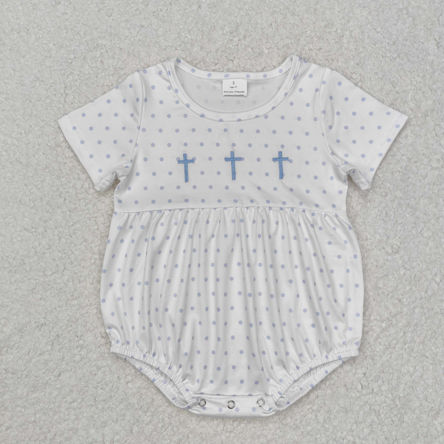 Baby Boy Infant Short Sleeves Dots Embroidery Cross Easter Bubble Romper