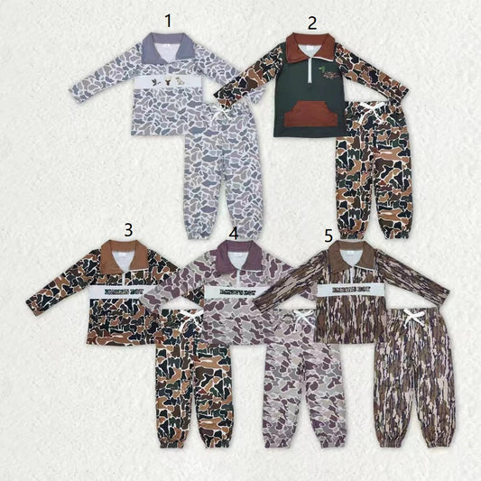 Sibling Baby Boys Kids Embroidery Mama's Boy Ducks Dogs Camo Zipper Hunting Clothes Set RTS