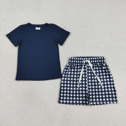 Baby Boys Kids Navy Short Sleeves Shirt Plaid Pockets Shorts Summer Clothes Set RTS