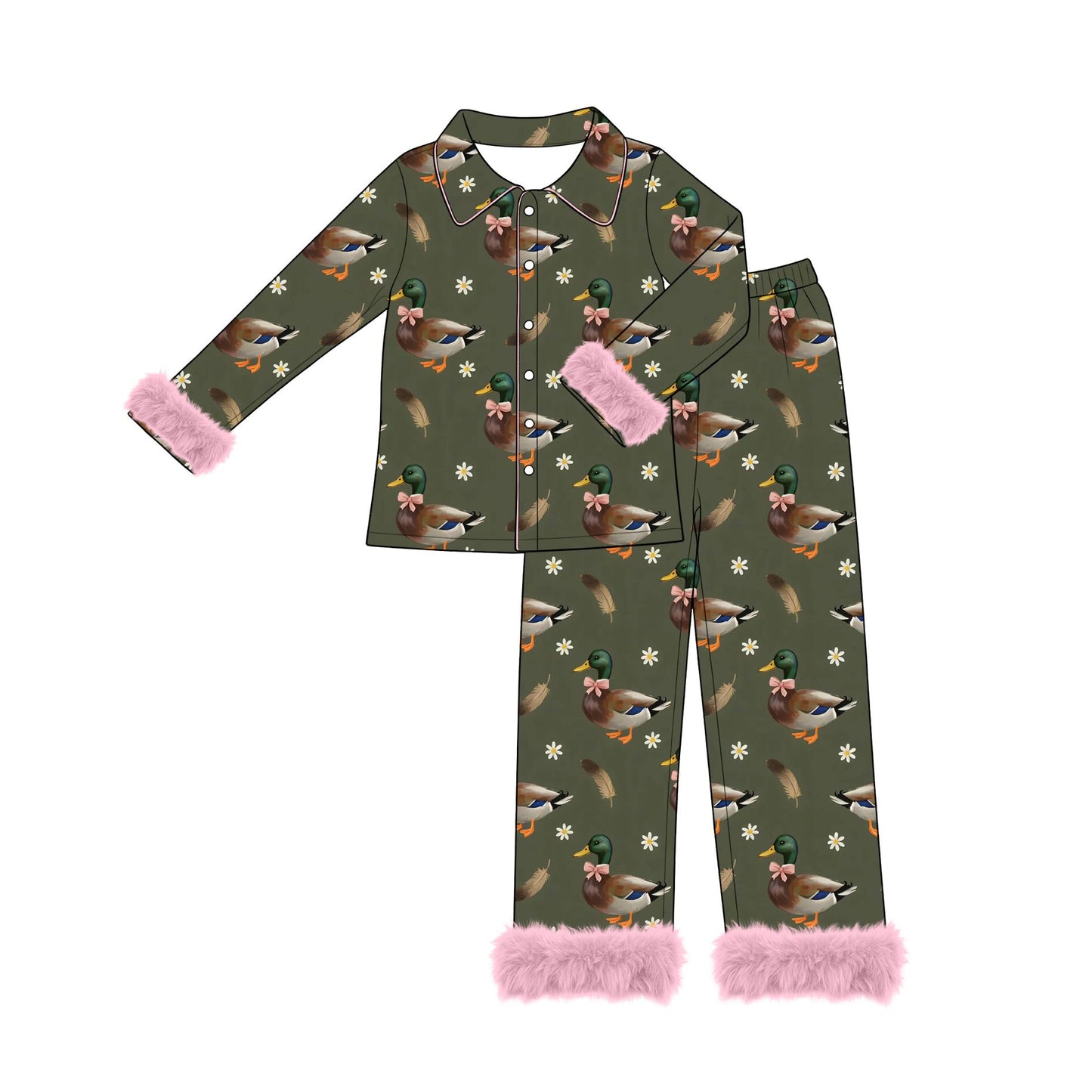 ( Moq 5 ) Preorder Adult Women Ducks Bows Flower Buttons Shirt Pink Fur Pants Pajamas Pink Set
