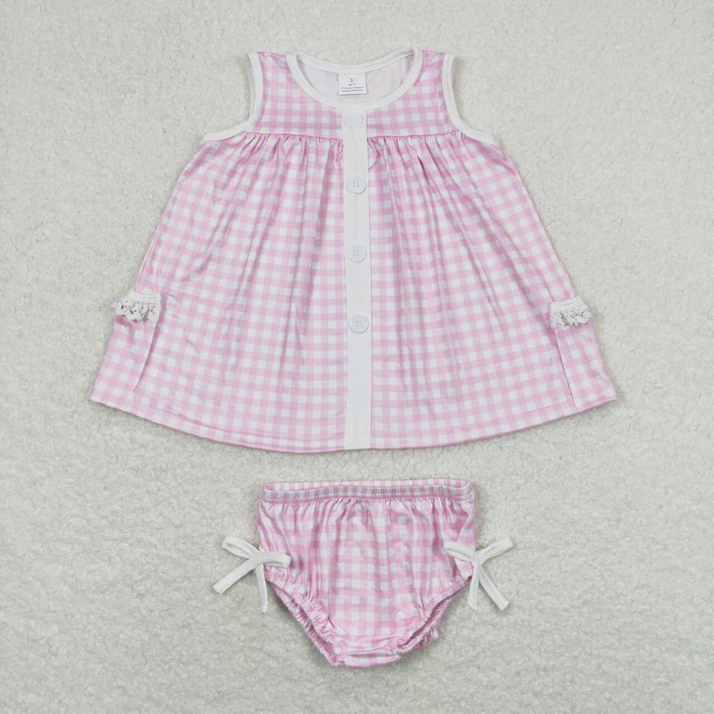Baby Girl Sleeveless Sibling Sister Checkered Pocket Tops Bummies Sets