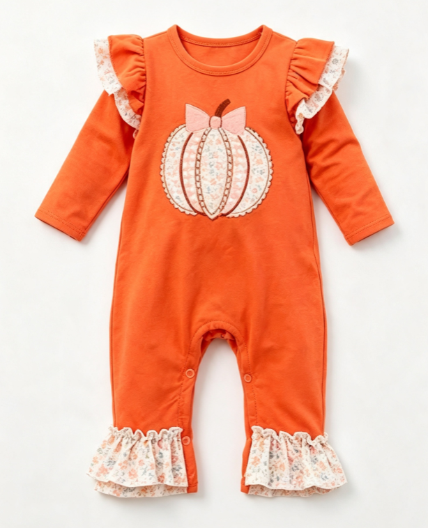 ( Moq 5 ) Preorder Baby Girls Infant Pumpkin Bows Floral Ruffle Romper Thanksgiving Orange Clothes