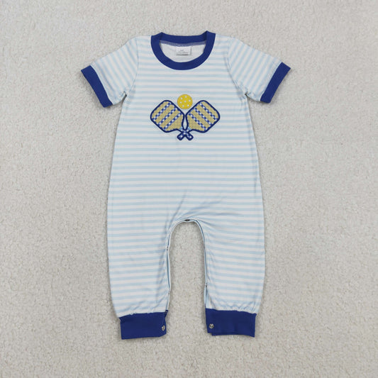Baby Boys Short Sleeves Embroidery Table Tennis Blue Stripes Buttons Romper RTS