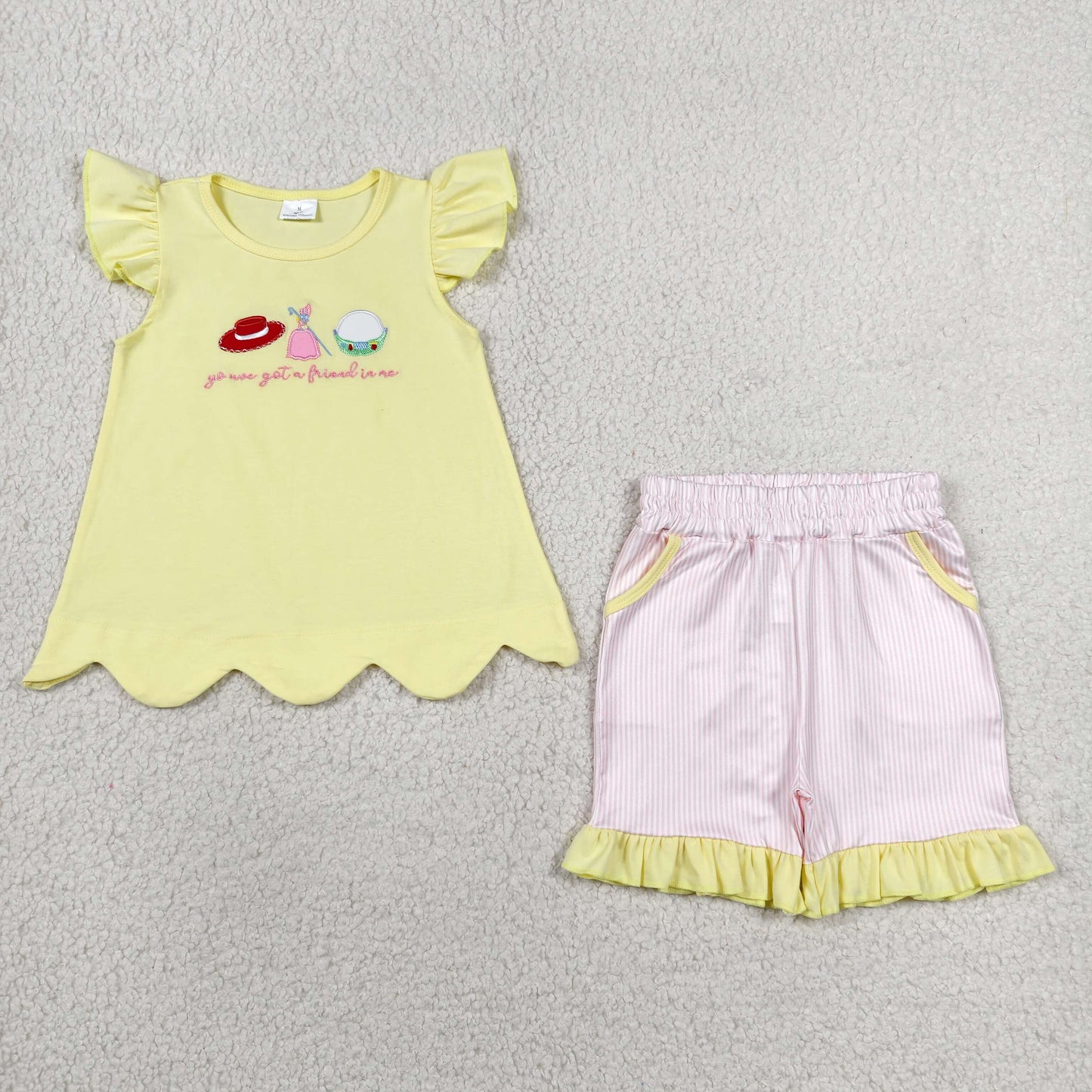 Baby Girls Kids Embroidery Hats Yellow Shirt Stripes Pockets Shorts Set Clothes RTS