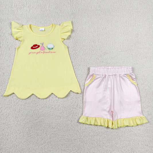 Baby Girls Kids Embroidery Hats Yellow Shirt Stripes Pockets Shorts Set Clothes RTS
