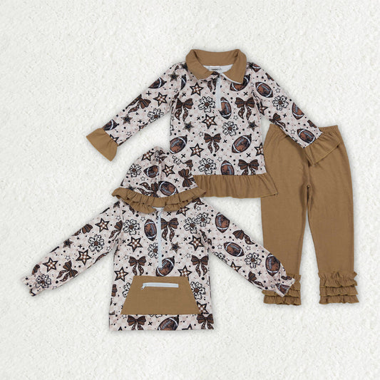 Sibling Girls Kids Long Sleeves Flower Bows Football Pocket Zipper Hoodie Shirt Set RTS