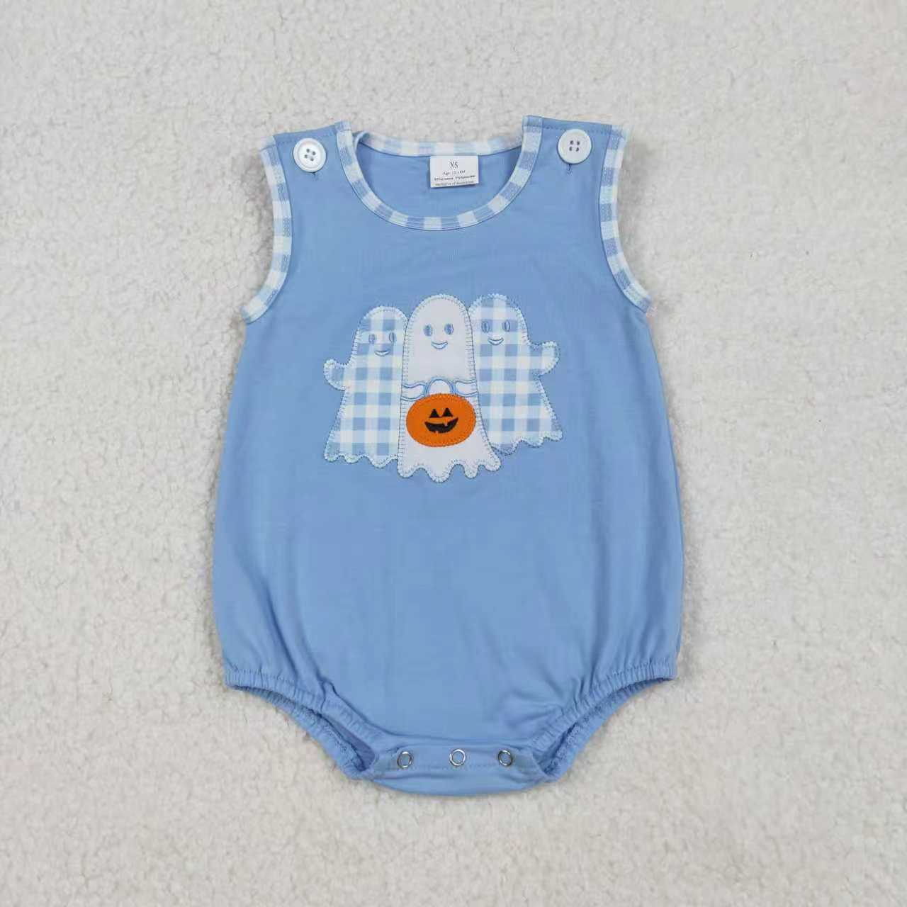 Sibling Boys Girls Short Sleeves Embroidery Ghosts Pumpkin Halloween Romper Set RTS
