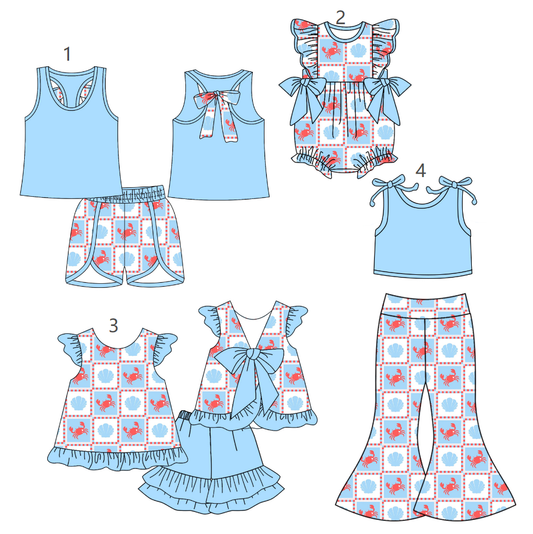 ( Moq 5 Each Style ) Baby Girls Kids Crab Shell Bows Sibling Blue Romper Dress Sets
