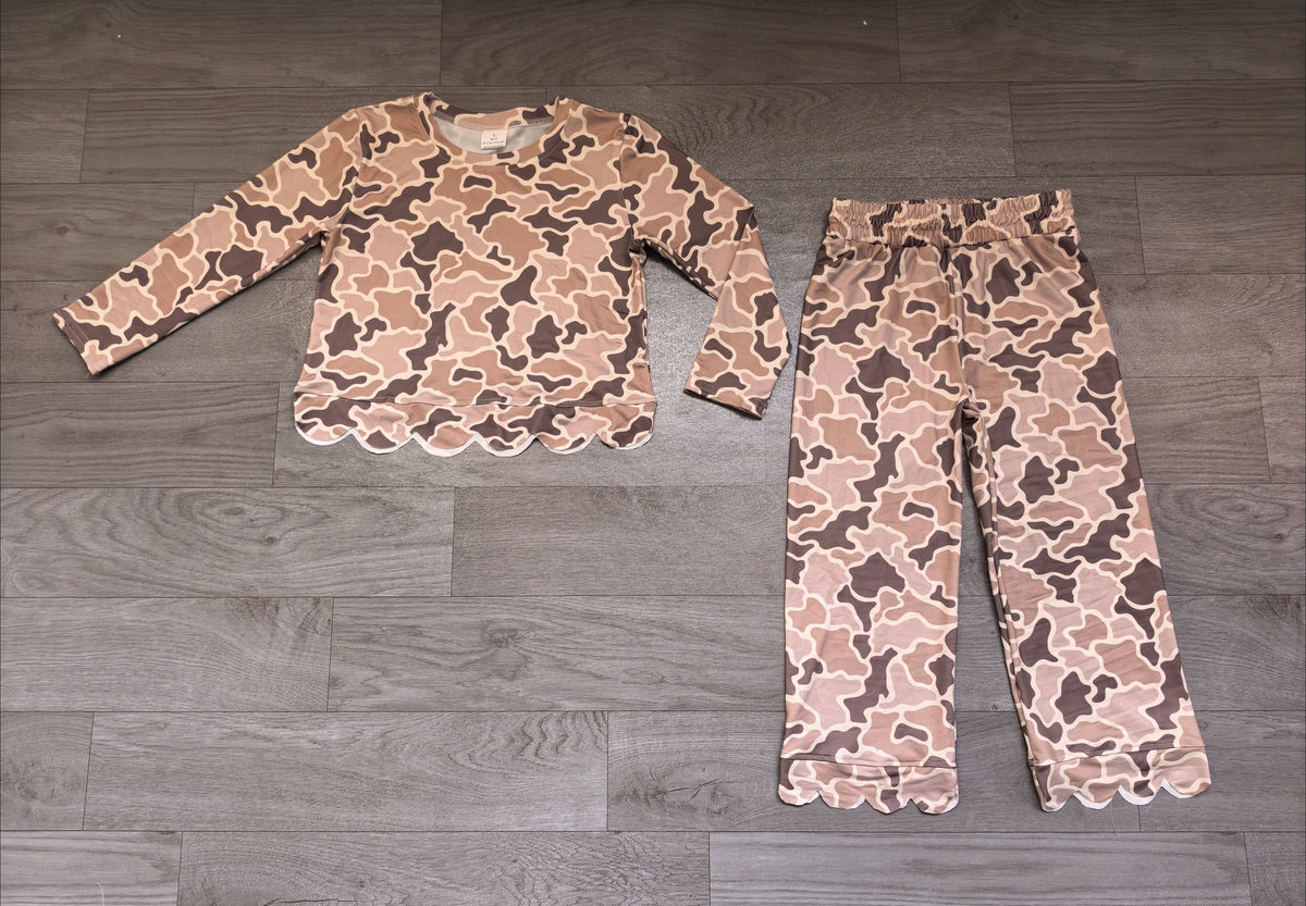 ( No moq ) Preorder Baby Girls Kids Long Sleeves Shirt Pants Scallop Set Camo Clothes