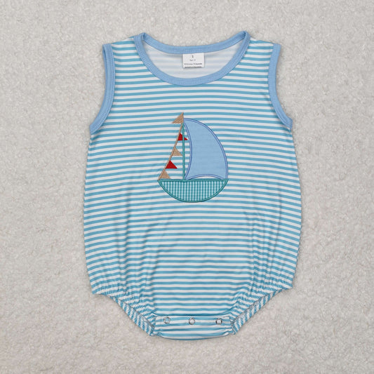 Baby Boy Infant Sleeveless Stripes Embroidery Boat Bubble Romper