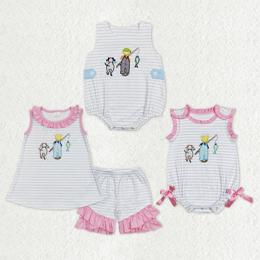 Sibling Baby Boys Girls Sleeveless Embroidery Fishing Stripes Rompers Set RTS