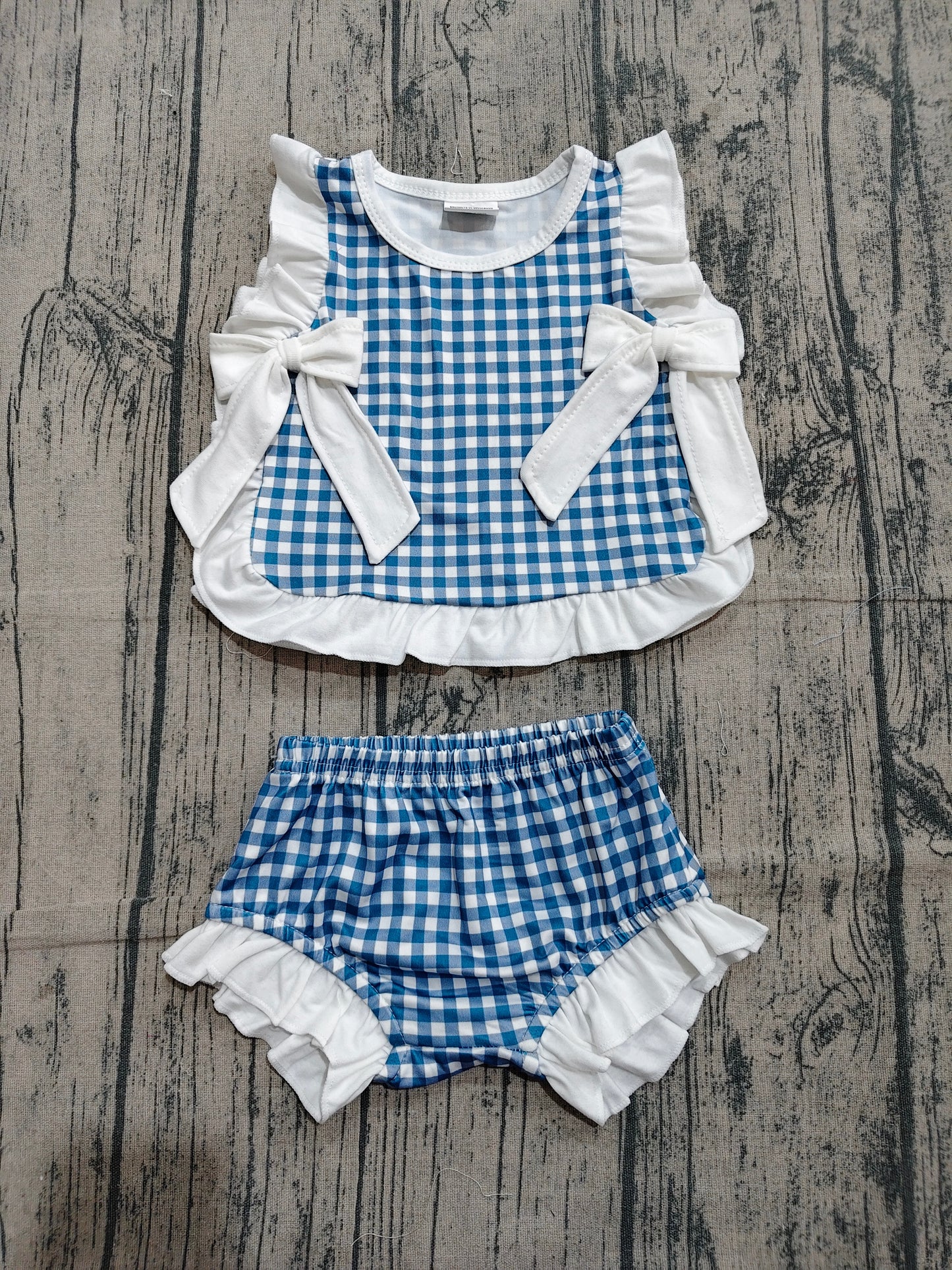 Baby Girl Kids Plaid Bows Tops Bummie Shorts Set Blue Clothes RTS