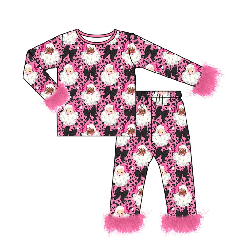 ( Moq 5 ) Preorder Baby Girls Kids Christmas Santa Bows Leopard Shirt Pink Fur Pants Set Pajamas Clothes