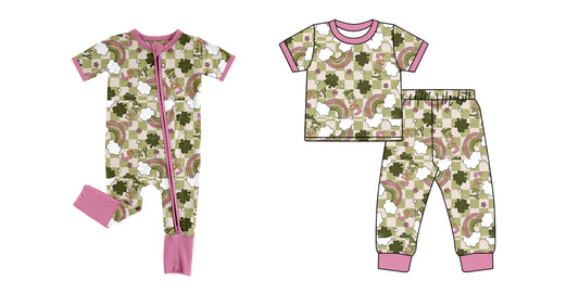 Baby Girl Short Sleeves St. Patrick Checkered Rainbow Sibling Romper Clothes Set ( Moq 5 Each Design )11.23