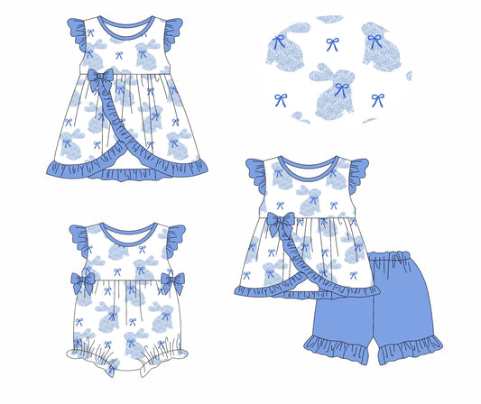Baby Girl Easter Rabbits Blue Bows Sibling Romper Dress Set ( Moq 5 Each Style ) 1.11