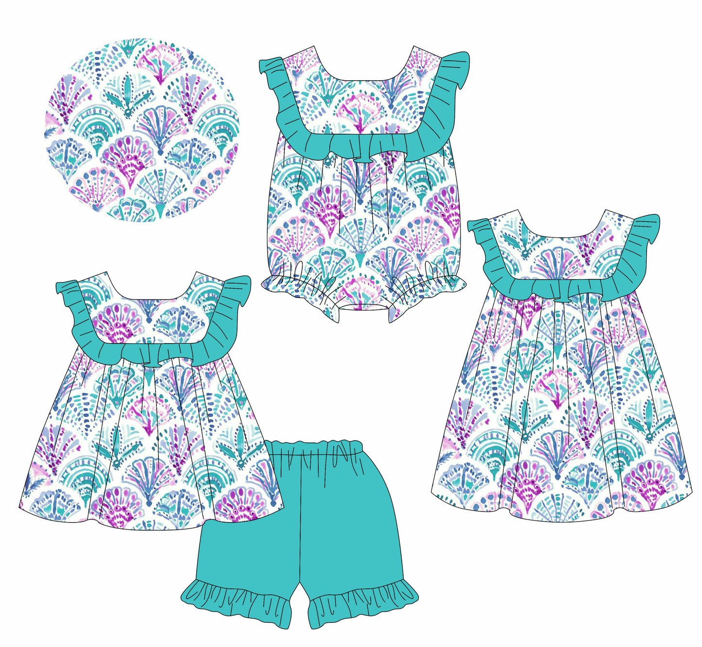 Baby Girl Mermaid Green Ruffle Sibling Romper Dress Set ( Moq 5 Each Style ) 2.17