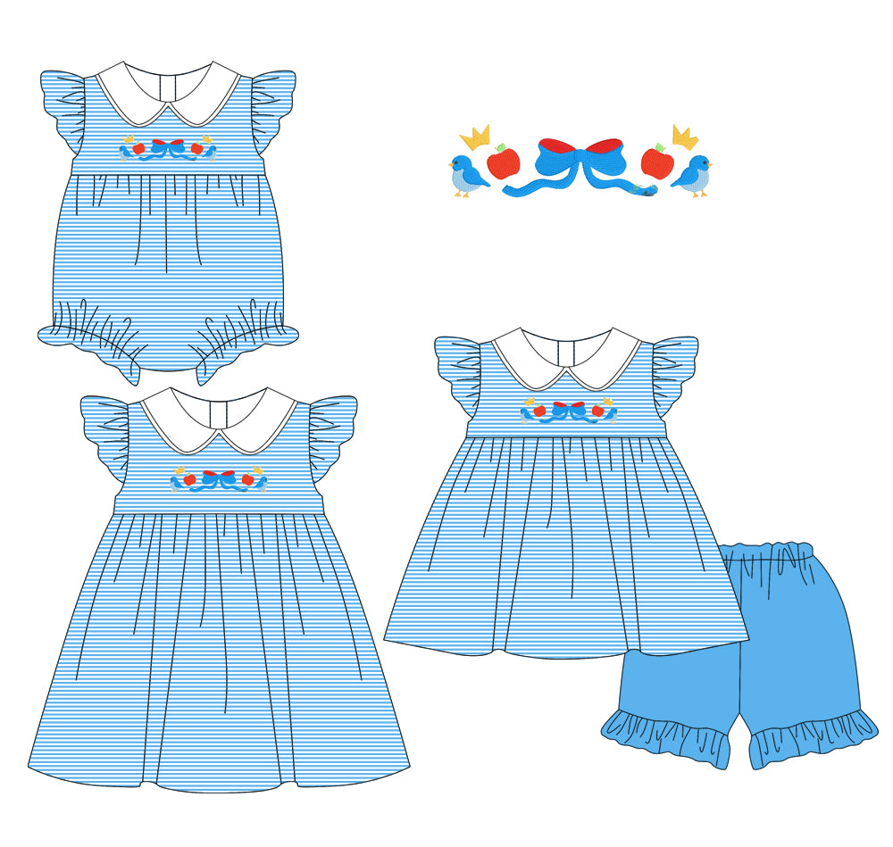 Baby Girl Apple Bows Stripes Blue Sibling Romper Dress Set ( Moq 5 Each Style ) 1.16