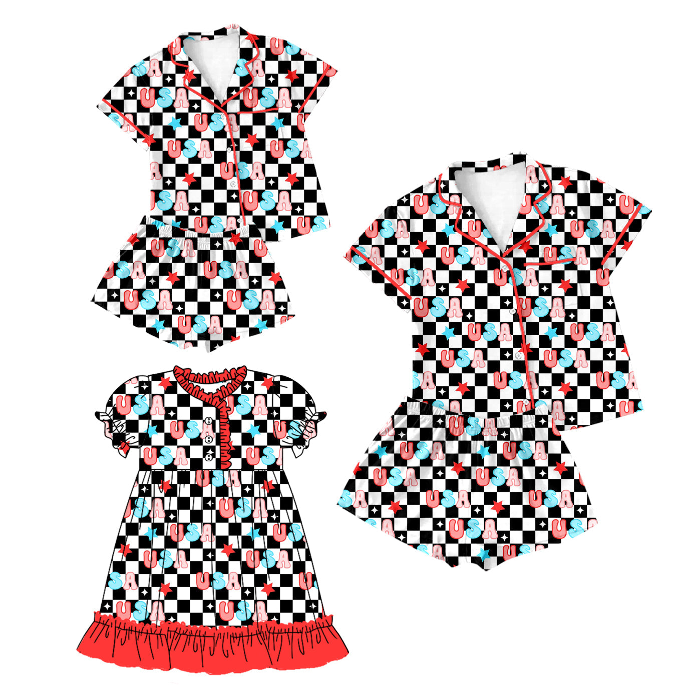 Baby Girl Adult Women Short Sleeves USA Checked Sibling Dress Set ( Moq 5 Each Style ) 1.3