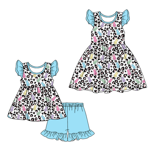 Baby Boy Girl Short Sleeves Easter Rabbits Leopard Sibling Pink Dress Clothes Set ( Moq 5 Each style ) 12.6