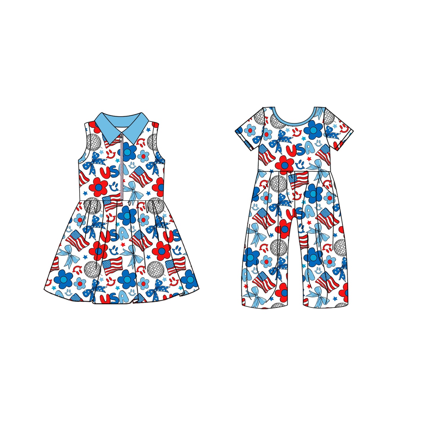 ( Moq 5 Each Style ) Baby Girl 4th Of July Bows Flower Sibling Summer Dress Jumpsuit 4.19