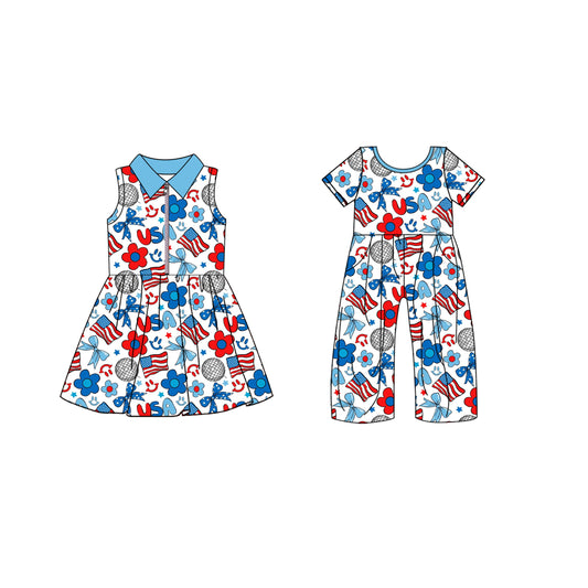 ( Moq 5 Each Style ) Baby Girl 4th Of July Bows Flower Sibling Summer Dress Jumpsuit 4.19