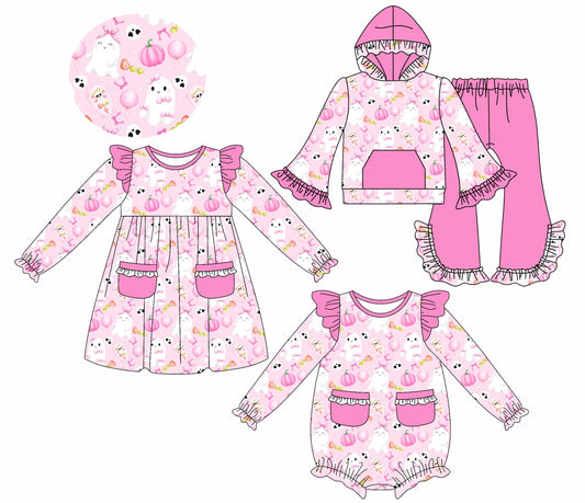 ( Moq 5 Each Style ) Baby Girl Toddler Halloween Pumpkins Ghosts Pink Bows Sibling Romper Dress Set