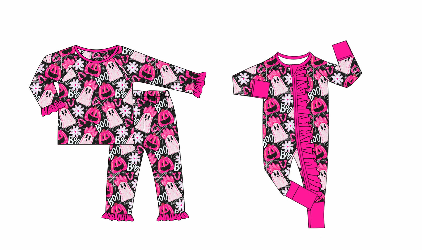 ( Moq 5 Each Style ) Baby Girl Toddler Boo Ghosts Pumpkins Halloween Sibling Romper Set