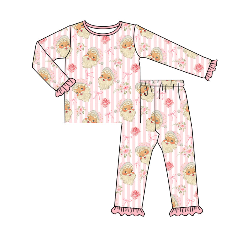 Baby Girl Christmas Santa Flower Bows Pink Stripes Pajamas Set