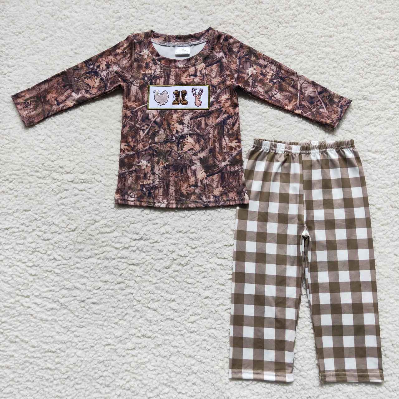 GLP0644 Baby Girl Long Sleeves Camo Duck Hunting Plaid Pants Pajamas Embroidery Outfit