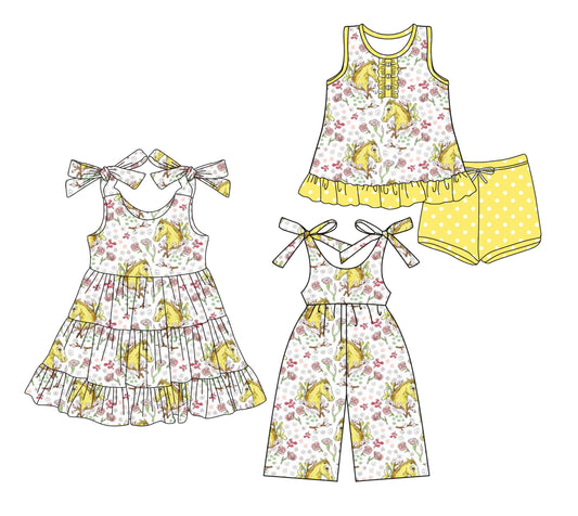 Baby Girl Straps Horse Flower Yellow Sibling Jumpsuit Dress Set ( Moq 5 Each Style ) 3.21