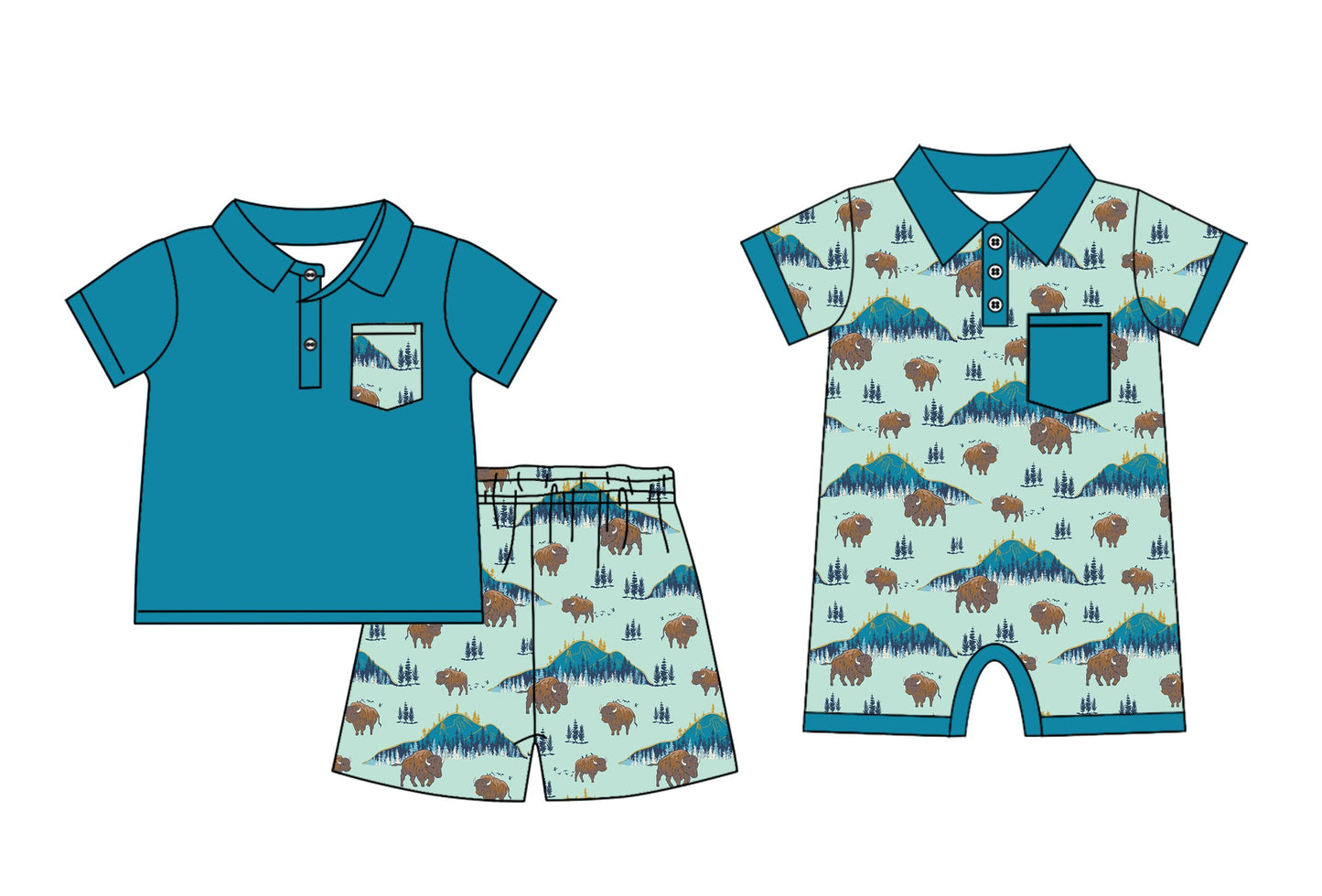 Baby Boy Short Sleeves Western Cow Sibling Blue Romper Set ( Moq 5 Each Style ) 12.17