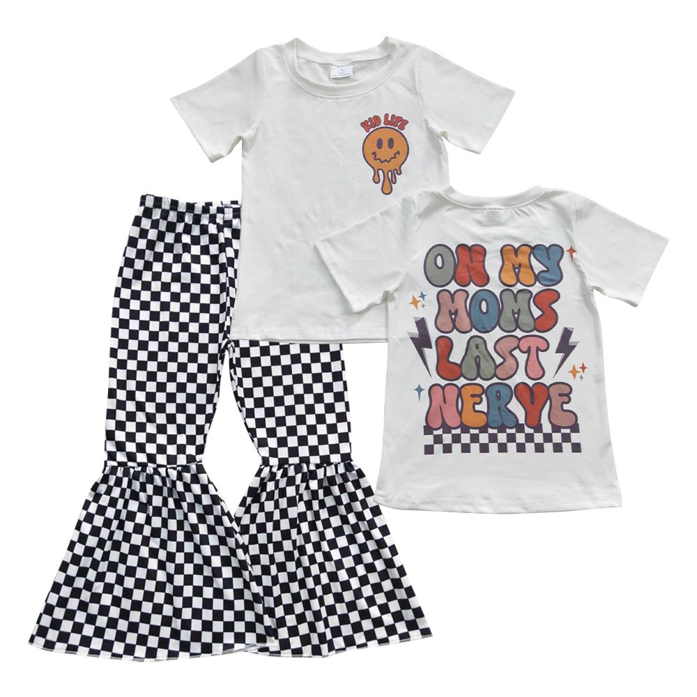 Baby Girl Short Sleeves Smile Shirt Checkered Bell Pants Outfit