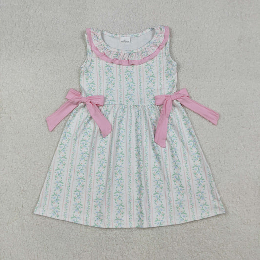Baby Girl Sleeveless Pink Bows Floral Knee Length Dress RTS