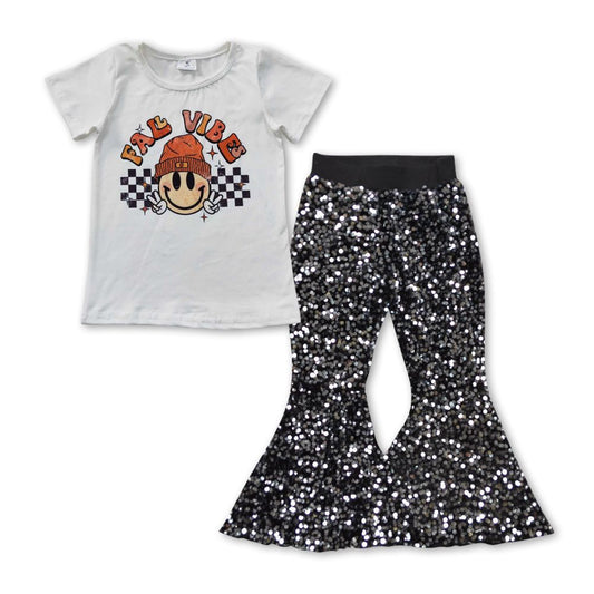 GSPO0847 Baby Girl Short Sleeves Shirt Black Sequins Pants Outfit