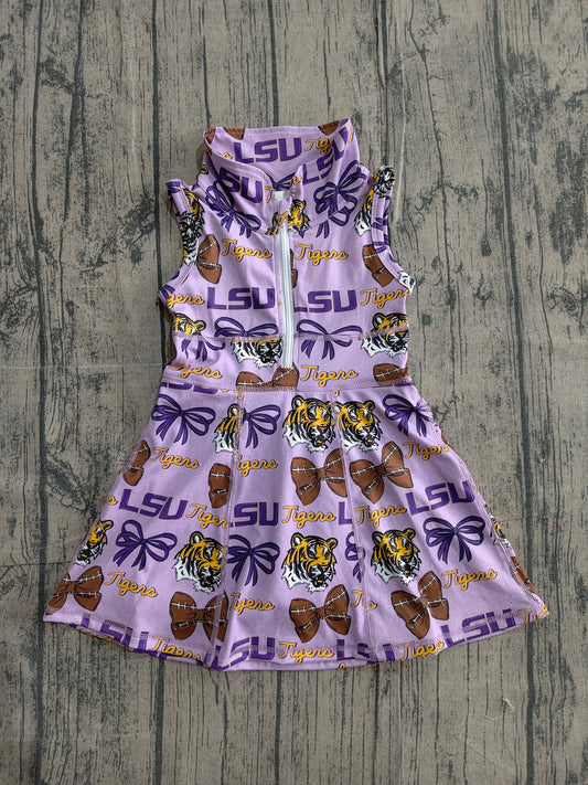 ( No moq ) Preorder Baby Girls Kids Tigers Football Bows Team Purple Yoga Zipper Knee Length Dress