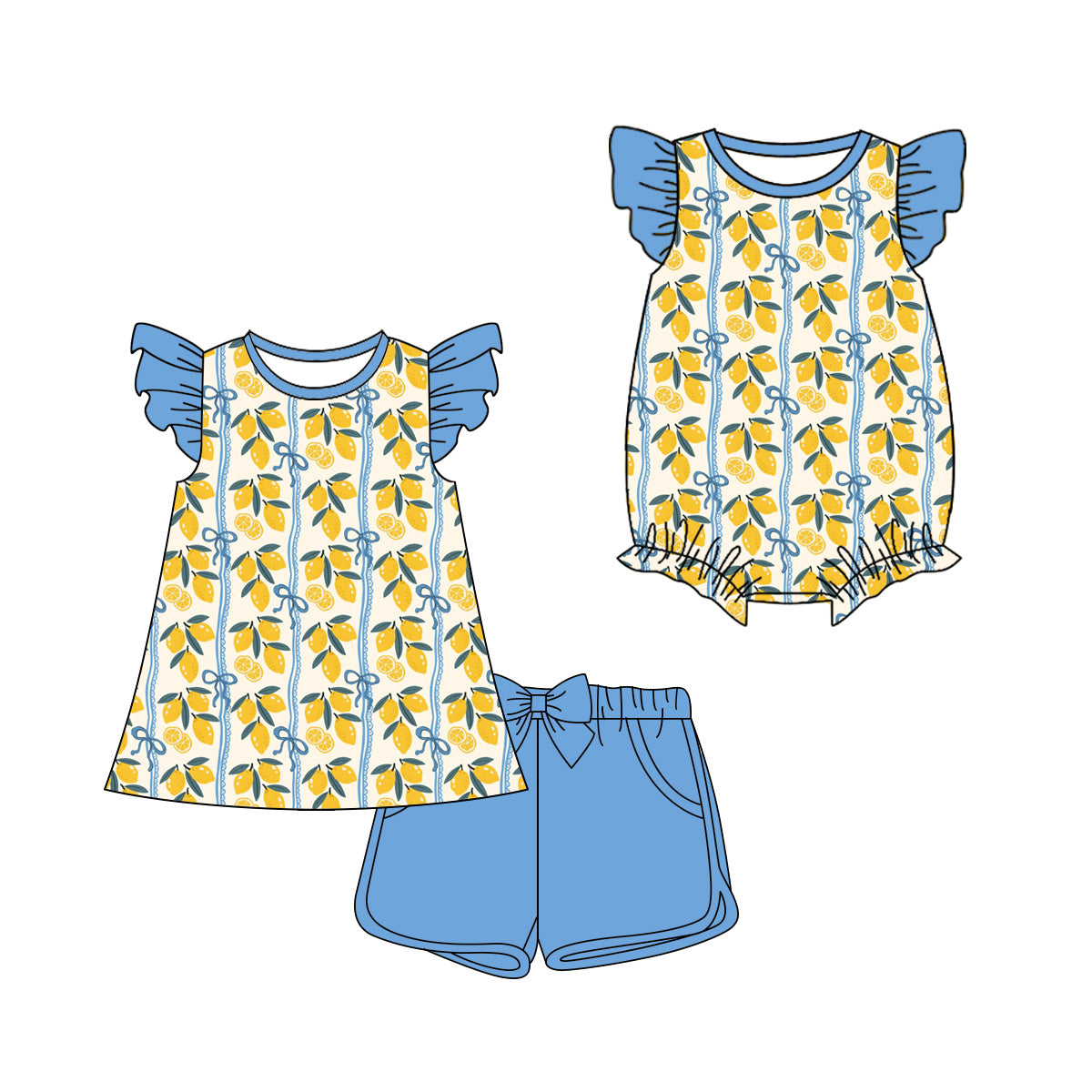 ( Moq 5 Each Style ) Sibling Baby Girls Kids Short Sleeves Lemons Bows Romper Set Summer Clothes