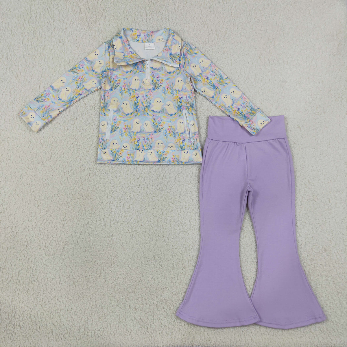 Baby Girls Kids Ghosts Flower Zipper Pockets Tops Purple Pants Set Halloween Clothes RTS