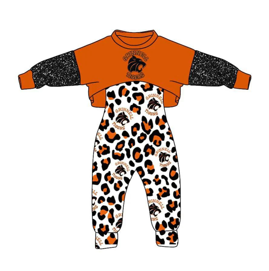 Baby Girl Long Sleeves Team Tiger Tops Leopard Jumpsuit Clothes Set ( Moq 5 )