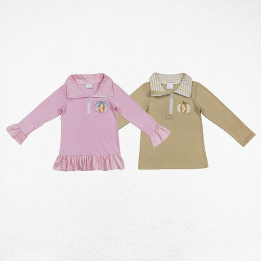 Baby Boy Girl Embroidery Pumpkins Sibling Zipper Pullover Shirt Fall Clothes RTS
