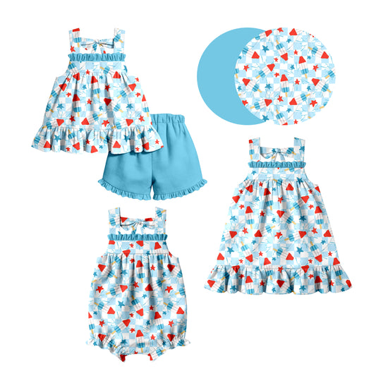 ( Moq 5 Each Style ) Baby Girls Kids Sleeveless Popsicle Stars Sibling 4th of July Romper Dress Set