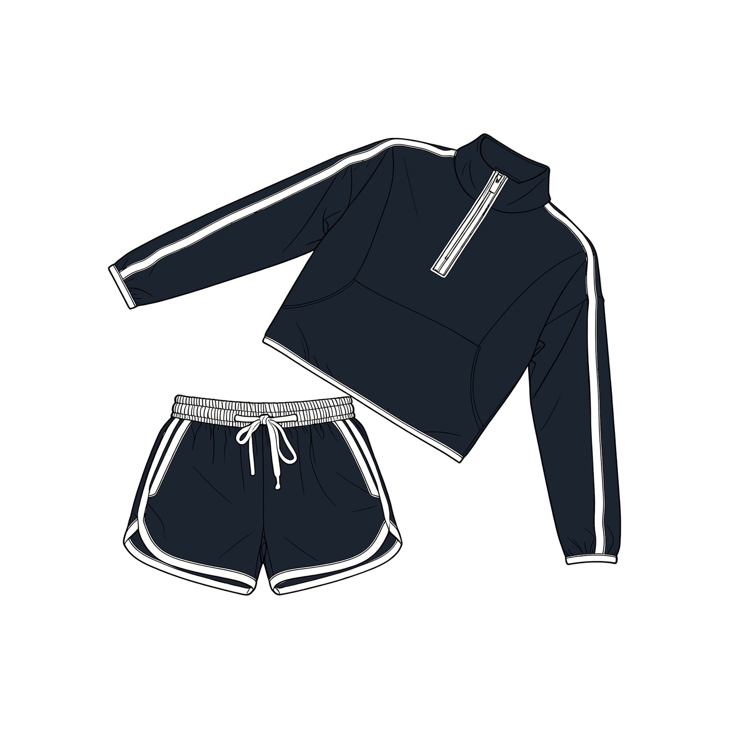 ( Moq 5 ) Preorder Baby Girls Kids Long Sleeves White Zipper Tops Shorts Navy Set Clothes
