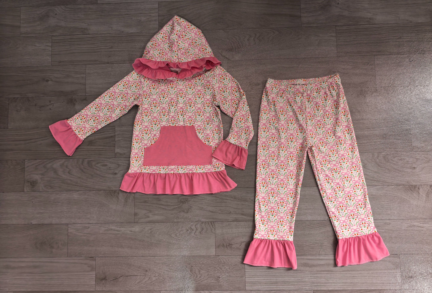 ( No moq ) Preorder Baby Girls Kids Long Sleeves Pocket Hoodie Pullover Bows Pants Set Clothes