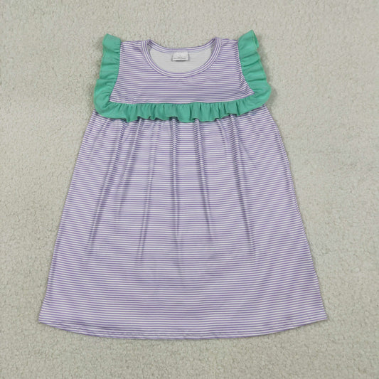 Baby Girls Kids Purple Stripes Summer Ruffle Knee Length Dress RTS