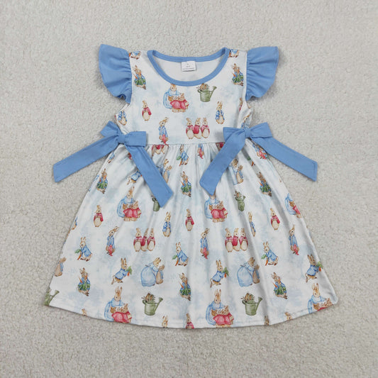 Baby Girls Kids Short Sleeves Rabbits Blue Bows Easter Knee Length Dress RTS